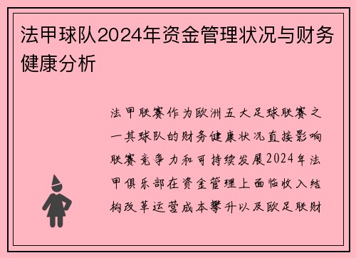 法甲球队2024年资金管理状况与财务健康分析